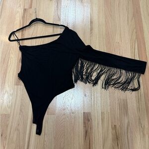Black Fringe One-Shoulder Bodysuit